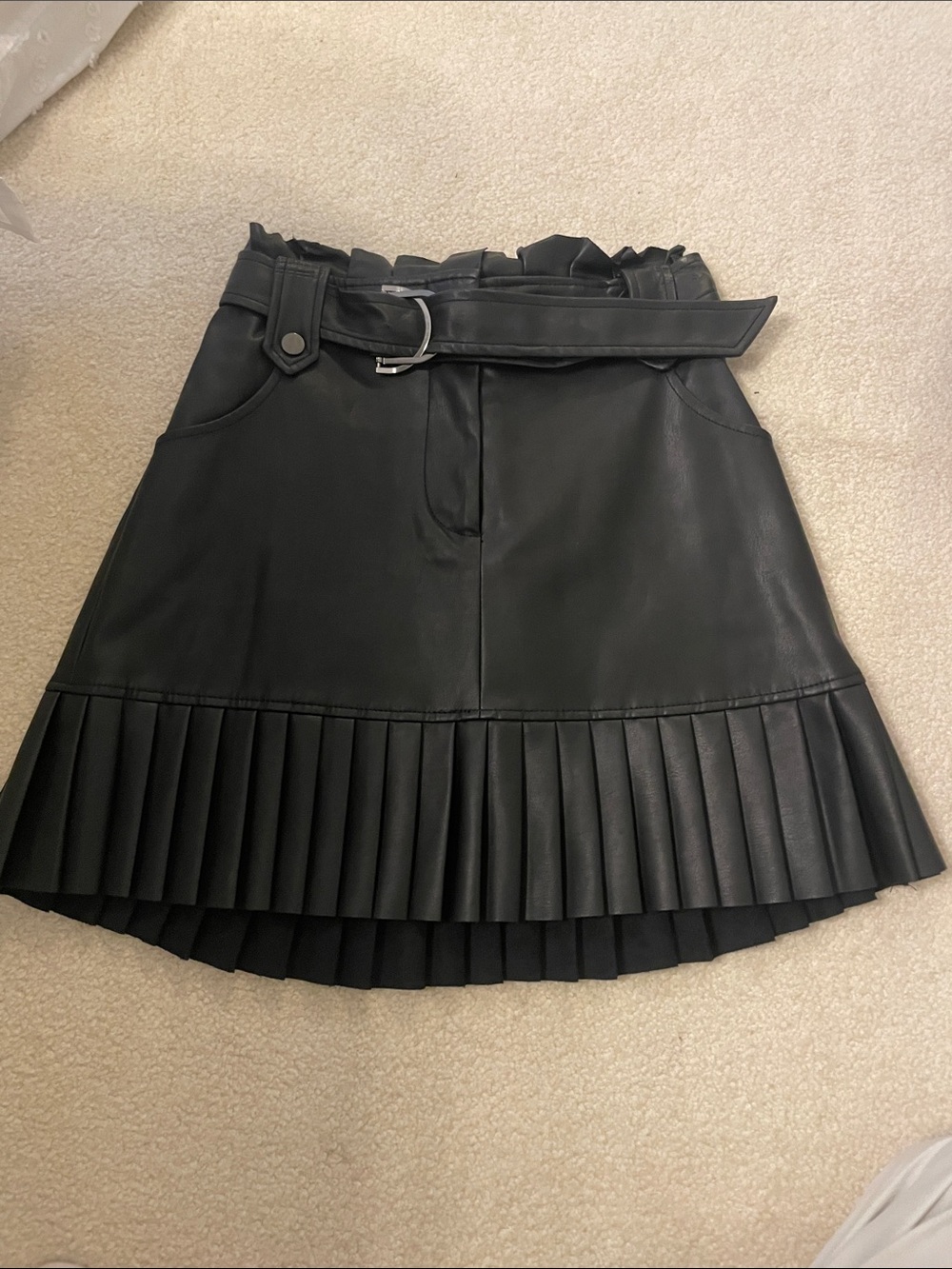 Zara Black Faux Leather Pleated Hem Belted Skirt